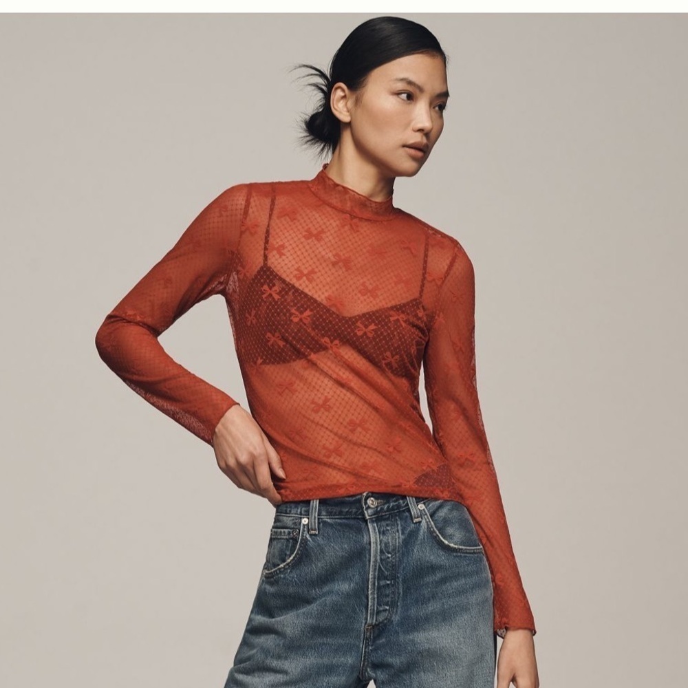 NWT new small Anthropologie Maeve bow mock neck sheer mesh top red
